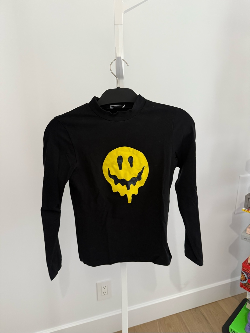 Balenciaga Black Long-Sleeve Top with Yellow Drip Smiley